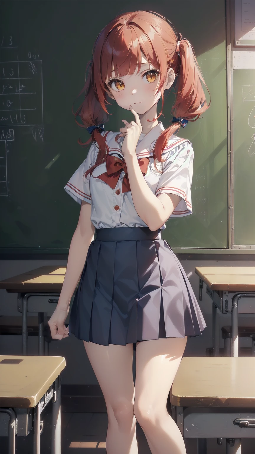 ((top quality, ultra-detailed, high resolution, extremely detailed CG, unity 8k wallpaper, by famous artist, perfect anatomy, super detailed skin, cinematic lighting, UHD, retina, anatomically correct, 1080P)), (Please draw a single one happy girl walking in a classroom school :1.3), ((1girl)), (Solo, face,-yeld:2. a junior hipetit girl, chibi, babyface)) androgynous charm, (Medium hair, ((full red hair)) ((redhead)), pigtails, straight bangs, with a bow in her hair, ((very thin legs)), ((skinny legs, thin body, small build)), Full limbs, complete fingers, ((perfect fingers and hands)), flat chest, small breasts, childish body, small butt, groin, Beautiful detailed full yellow gold eyes, perfect eyes, sailor , ((blue skirt)) and white blouse, ((red bow on the blouse)), blue sailor collar, short sleeves, without stockings, (Detailed Lighting), ((classroom background)), (Detailed scenary background), ((in the school zone)), full body view, ((standing)), legs. Cute, kawaii single girl (one girl), full body shot. ((Background is the school)), front body, ((left hand up, right hand down)), ((little young 13 years old body:1.3)ngers:1.0))