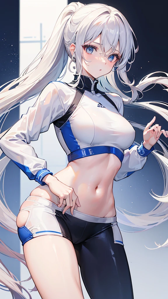 Woman of 27 years elegant hourglass body , white, wavy hair styled in a long, high ponytail, small and fleshy lips, simple makeup, confident look modeling in sportswear