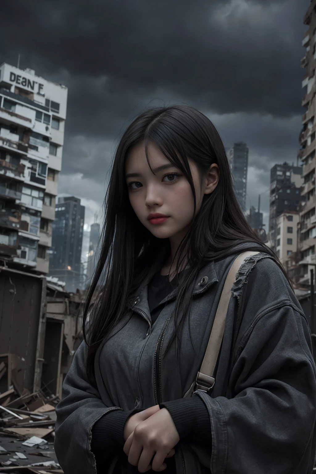 A hauntingly beautiful cinematic photograph of a young woman standing amidst the remnants of a futuristic, half-ruined cityscape. Towering, gigantic machines and buildings loom around her, casting shadowy silhouettes. The woman's face tells a story of longing and melancholy, her eyes reflecting the weight of the world. She holds a small, glowing orb in her hand, casting a warm, inviting light amidst the darkness. The sky overhead is a somber gray, mirroring the mood of the scene and hinting at the impermanence of the modern world.