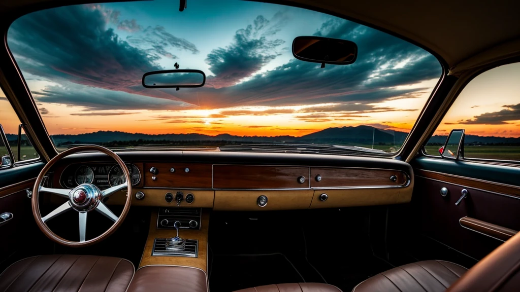 Inside a old school car with a sunset and nice clouds out of the windsheild