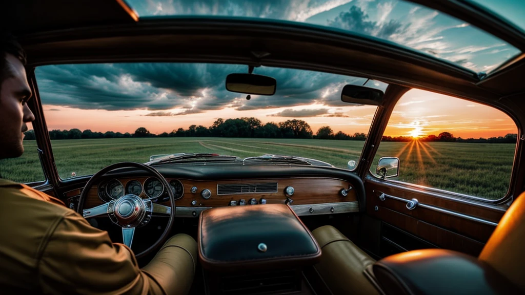Inside a old school car with a sunset and nice clouds out of the windsheild