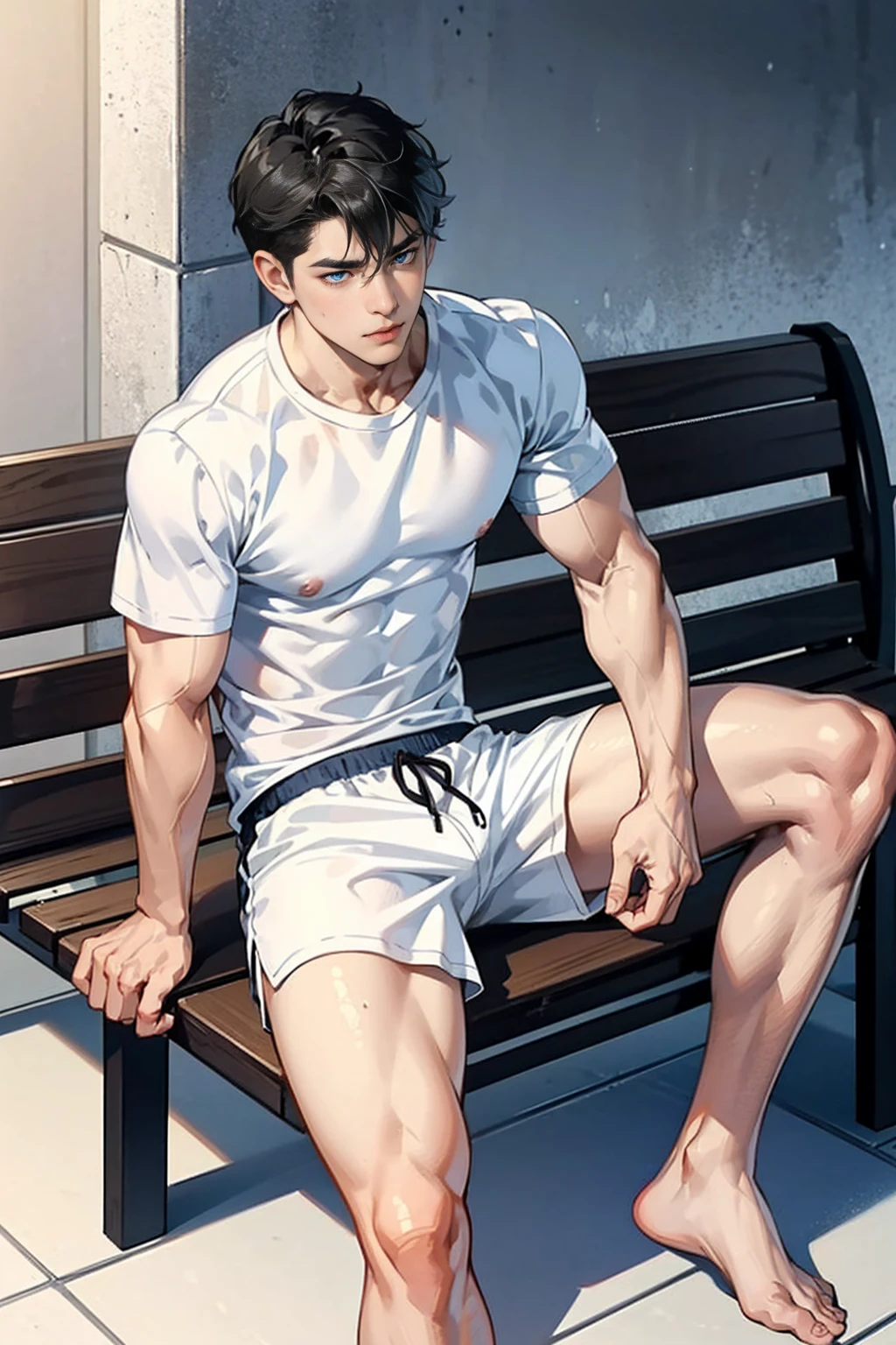 black hair boy, blue eyes, muscular, hot and sexy sweaty body, wearing white sports shirt, short white shorts, barefoot, sitting on a bench 