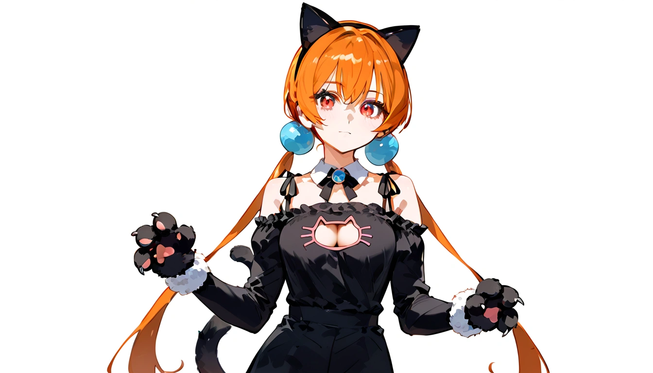 anime artwork, score_9, score_8_up, score_7_up, score_6_up, score_5_up, score_4_up,alisasr, 1girl, orange hair, red eyes, fake black cat ears, hairband, long hair, very long hair, twintails, hair ornament, hair bobbles, low twintails,, \\\\\\ \\\\\ , cat lingerie, paws gloves, cat tail, the pose
