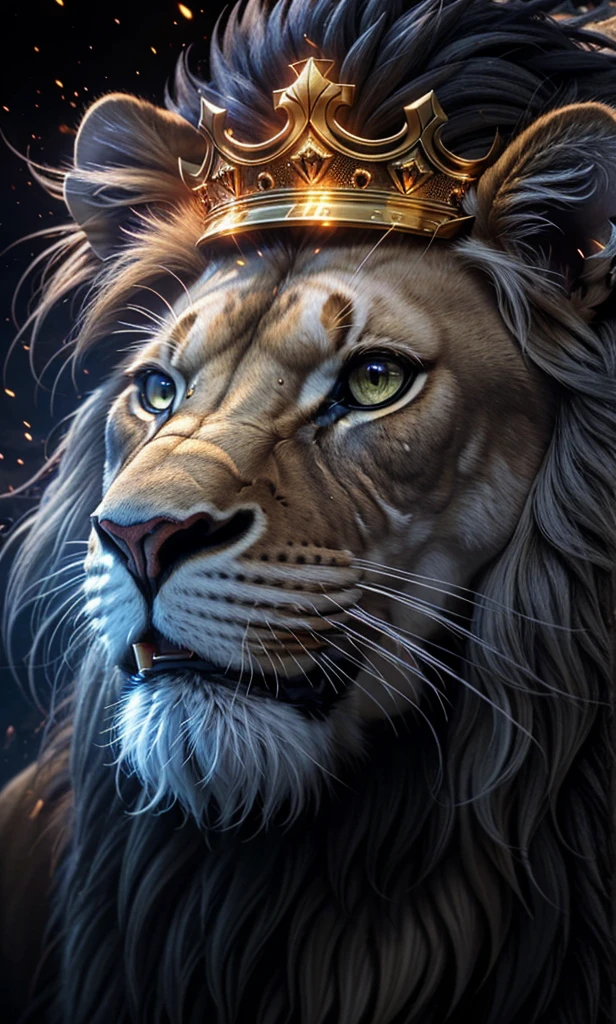 Lion, Divine Lion, naturals, naturals, ferocious, masculine, mighty, golden lion, rey crown, rey, golden crown, Realistic crown, Powerful Lion, beautiful nature, Great Realistic Lion, FullHD 8K, Light of sky, sunset night, Clear sky Sun, Black Golden, black andwhite, black and gold, detailed realistic face, 8K Detailed Realistic White Lion, Ultrarealistic 8k |, Energia de thunder realista detalhada, Strong Creature realista detalhada, Strong Creature, Lion macho, Rendering, Fotorrealista 8K, UltraHD Alta definição 8K, Detailed Realistic 16K, Nitidez Fotorrealista 8K, 16K photorealistic textures, Contraste Fotorrealista 8K, Sombras Fotorrealistas 8K, Luzes Fotorrealistas 8K, Detailed realistic sunset, Detailed Realistic Lion Face, Detailed realistic light, detailed textures, thunder, detailed shadows, detailed colors, Celestial Electricity, Golden thunder, Lion realista, Ultra Realistic 16K, Realistic 16K, Realistic 16K sharpness, 16K photorealistic textures, 16K realistic colors, powerful creature, Majestic power, Power of Heaven, Great Divine, detailed contrast, realistic contrast, high resolution, detailed colors, fire, villany, divine creature, 8K, realistic detailed, 16K, 8K, High definition, detailed contrast, realistic contrast, high resolution, detailed colors, fire, villany, divine creature, realistic detailed, chic, posh