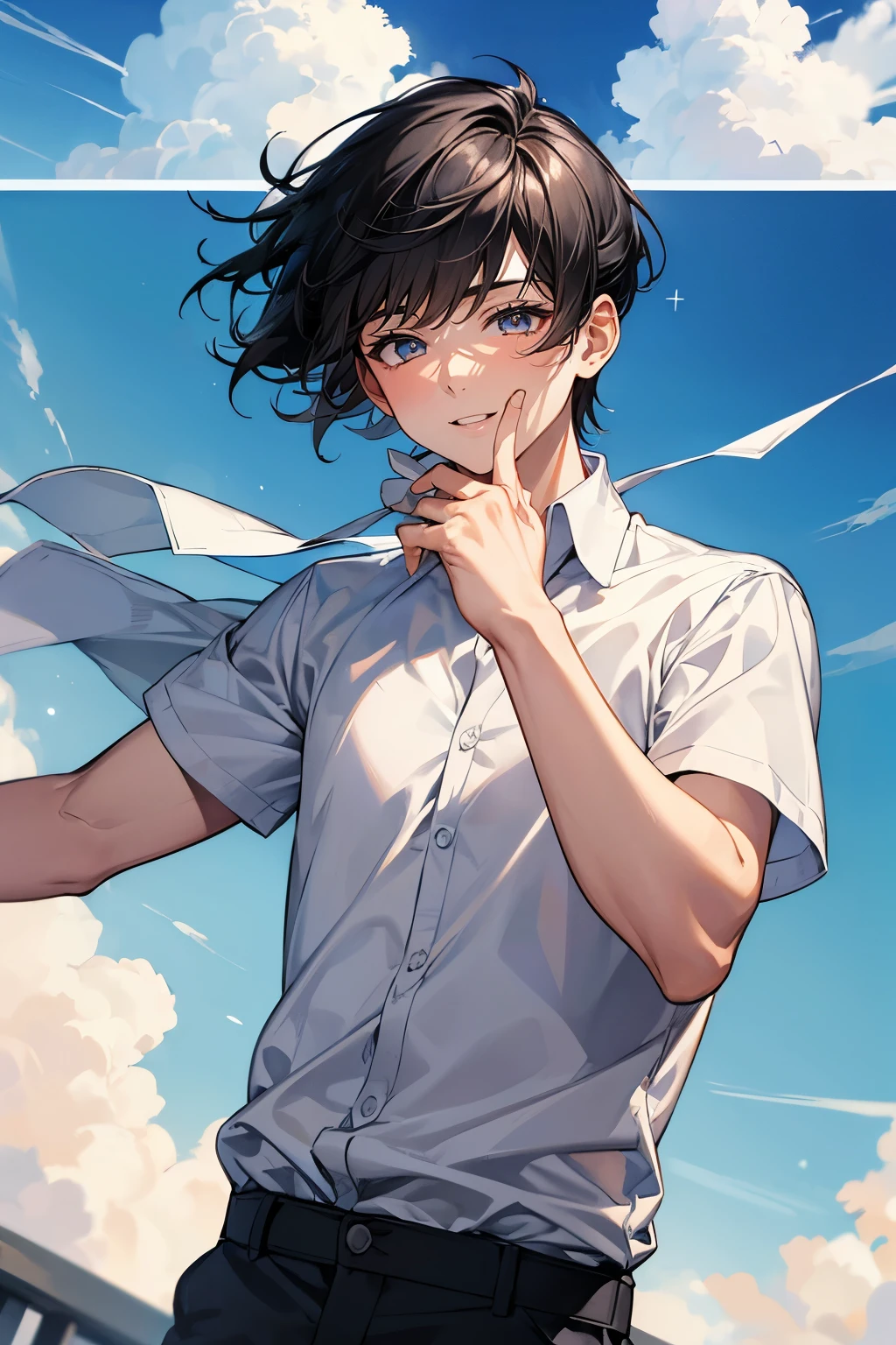 (Mastepiece), (Best Quality), Very detailed, (1 boy:1.5),Shooting from below、Solo Shooting,Perfect Face, Beautiful Face, Very detailed顔,(Black Hair:1.3),(short hair:1.3)、(Happy Face:1.4),(Laughing with your mouth open:1.3),(White shirt:1.4)、(Hair blowing in the wind:1.4),The atmosphere that seems to disappear,(blue sky_cumulonimbus)、summer、ephemeral、Sweat