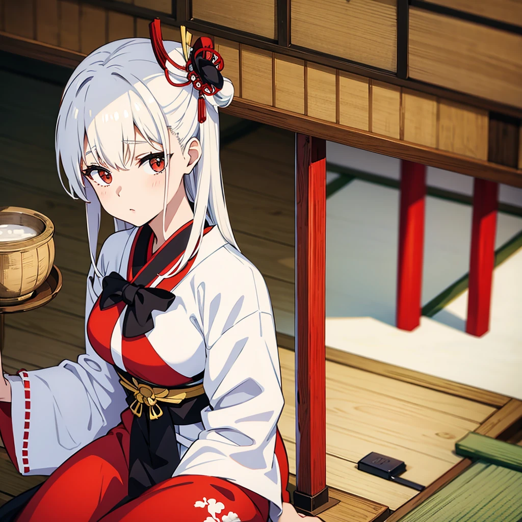 Geisha with white, tied hair sitting inside a traditional Japanese house