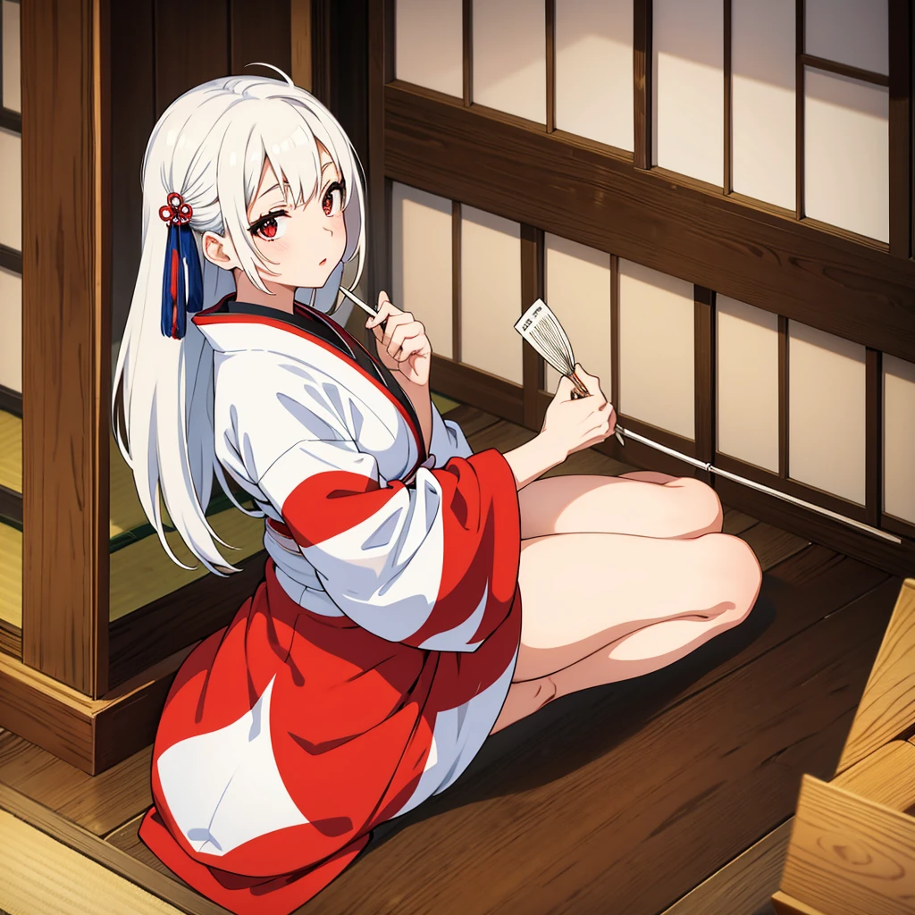 Geisha with white, tied hair sitting inside a traditional Japanese house