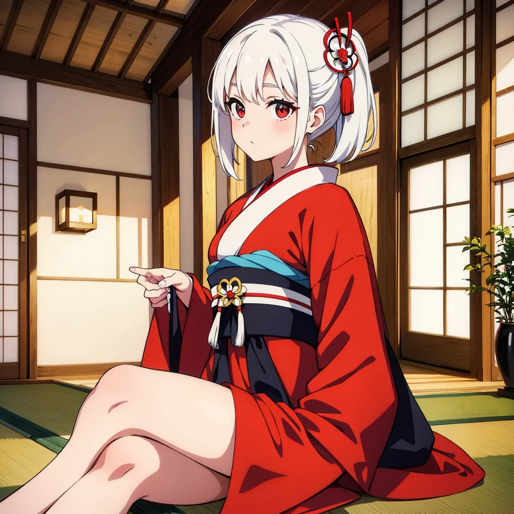 Geisha with white, tied hair sitting inside a traditional Japanese house
