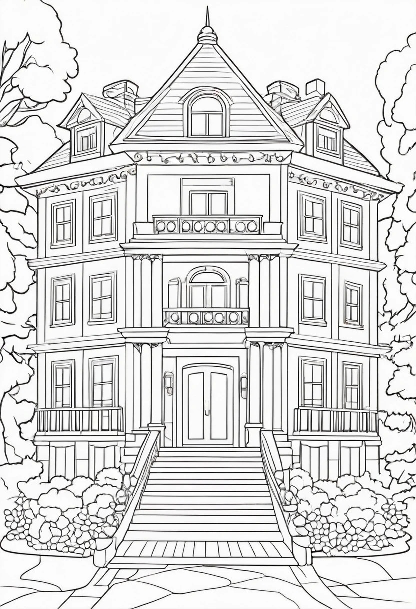 coloring page for kids, a mansion house cartoon style, thick lines