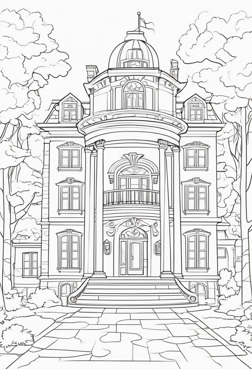 coloring page for kids, a mansion house cartoon style, thick lines