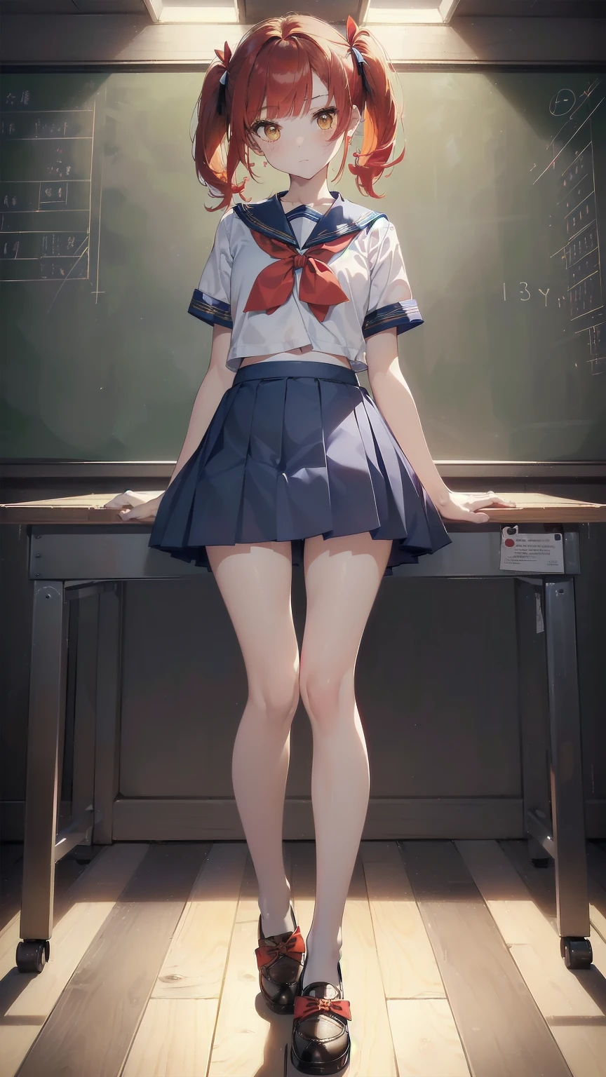 ((top quality, ultra-detailed, high resolution, extremely detailed CG, unity 8k wallpaper, by famous artist, perfect anatomy, super detailed skin, cinematic lighting, UHD, retina, anatomically correct, 1080P)), (Please draw a single one happy girl walking in a classroom school :1.3), ((1girl)), (Solo, face,13-year-old:2.0), a junior high school student, ((cute petit girl, chibi, babyface)) androgynous charm, (Medium hair, ((full red hair)) ((redhead)), pigtails, straight bangs, with a bow in her hair, ((very thin legs)), ((skinny legs, thin body, small build)), Full limbs, complete fingers, ((perfect fingers and hands)), flat chest, small breasts, childish body, small butt, groin, Beautiful detailed full yellow gold eyes, perfect eyes, sailor , ((blue skirt)) and white blouse, ((red bow on the blouse)), blue sailor collar, short sleeves, without stockings, (Detailed Lighting), ((classroom background)), (Detailed scenary background), ((in the school zone)), full body view, ((standing)), legs. Cute, kawaii single girl (one girl), full body shot. ((Background is the school)), front body, ((left hand up, right hand down)), ((little young  body:1.3)), ((perfect hands and fingers:1.0))