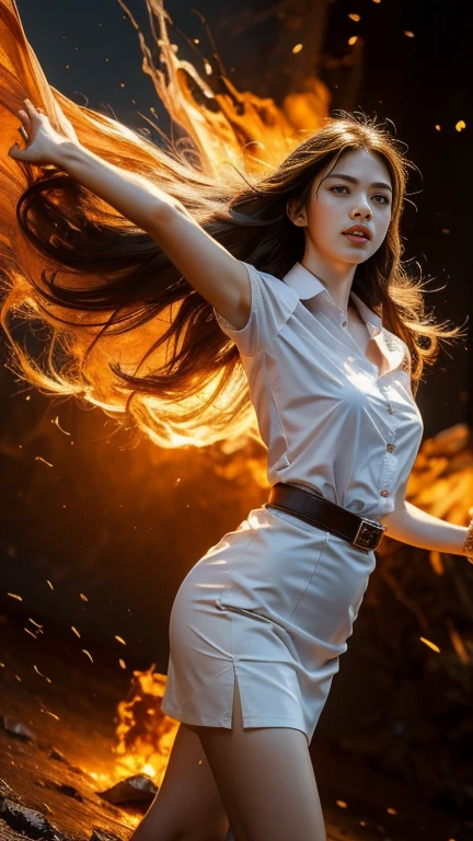 (fire element:1.1), medium long shot, It consists of fire element,fire,transparency,burning,(molten rock),Frame print,burning hair,smoke,cloud,chopped, girl engulfed in flames, Flames fly and sparks scatter,mano burning,translucent luminescence, 18s woman in thai university uniform, long straight fire hair, white shirt, black tight mini skirt, brown belt, white sneakers, masterpiece:1.2, high detail, realistic, cinematic scene, fire goddess, perfect figure, 16k, close up, portrait photo, dynamic powerful pose