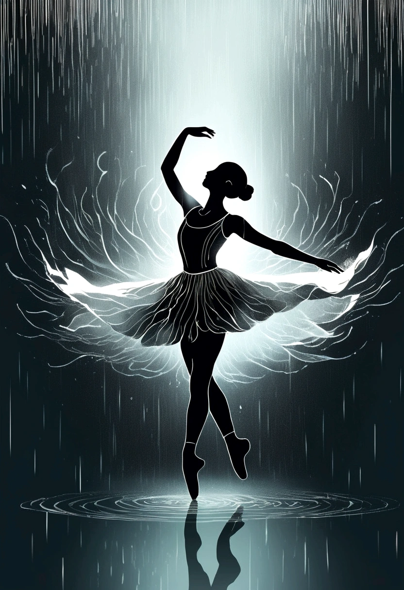 The silhouette of a ballet dancer gradually formed by the rain， Lake, Digital Art Style, Simple lines，Silhouette of a ballet dancer dancing beautifully from above, 暴雨 dancing with the light Simple lines, Silhouette Art, background, illustration, 暴雨background, cartoon, 纯色background, texture, lotus, Warm atmosphere, Mysterious feeling, Dancing in the heavy rain, A style that displays waterspouts and light，Double Exposure，reflection