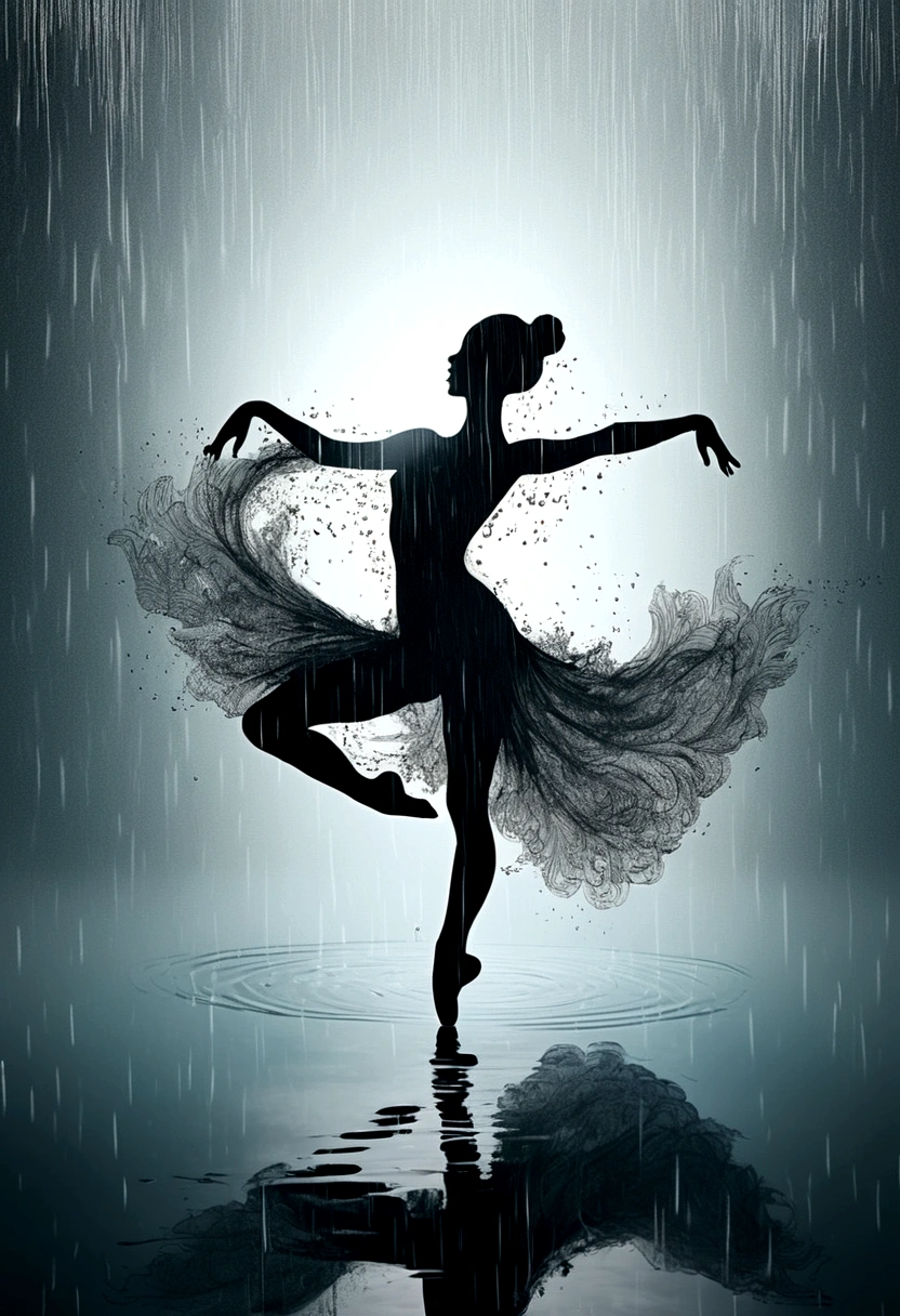 The silhouette of a ballet dancer gradually formed by the rain, Lake, Digital Art Style, Simple lines,Silhouette of a ballet dancer dancing beautifully from above, 暴雨 dancing with the light Simple lines, Silhouette Art, background, illustration, 暴雨background, cartoon, 纯色background, texture, lotus, Warm atmosphere, Mysterious feeling, Dancing in the heavy rain, A style that displays waterspouts and light,Double Exposure,reflection