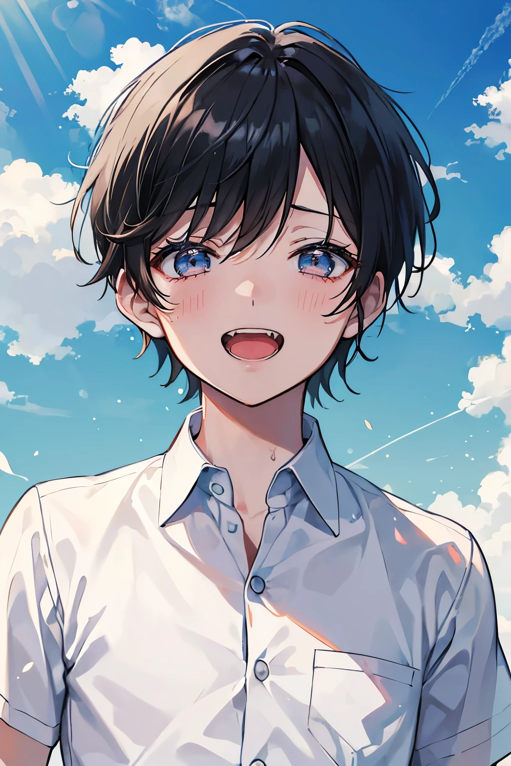 (Mastepiece), (Best Quality), Very detailed, (1 boy:1.5),Shooting from below、Solo Shooting,Perfect Face, Beautiful Face, Very detailed顔,(Black Hair:1.3),(short hair:1.3)、(Happy Face:1.4),(Laughing with your mouth open:1.3),(White shirt:1.4)、(Hair blowing in the wind:1.4),The atmosphere that seems to disappear,(blue sky_cumulonimbus)、summer、ephemeral、Sweat