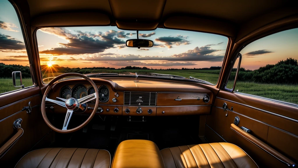Inside a old school car with a sunset and nice clouds out of the windsheild