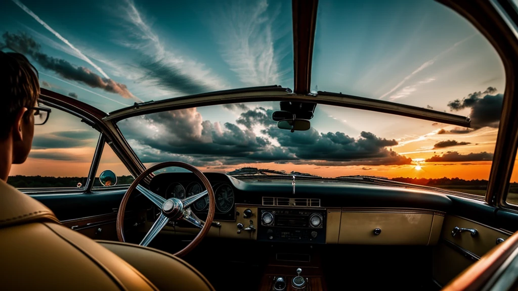 Inside a old school car with a sunset and nice clouds out of the windsheild