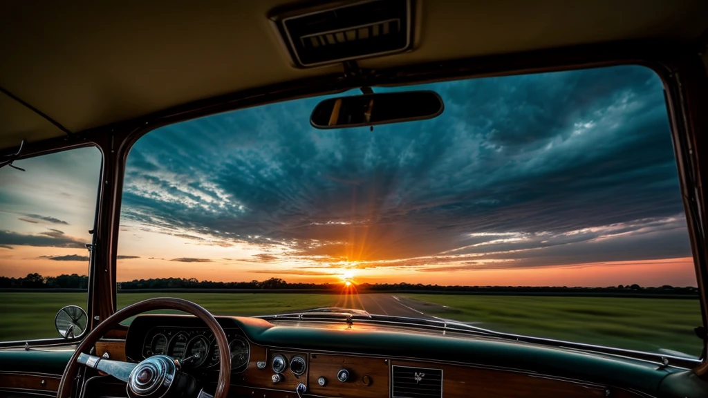 Inside a old school car with a sunset and nice clouds out of the windsheild