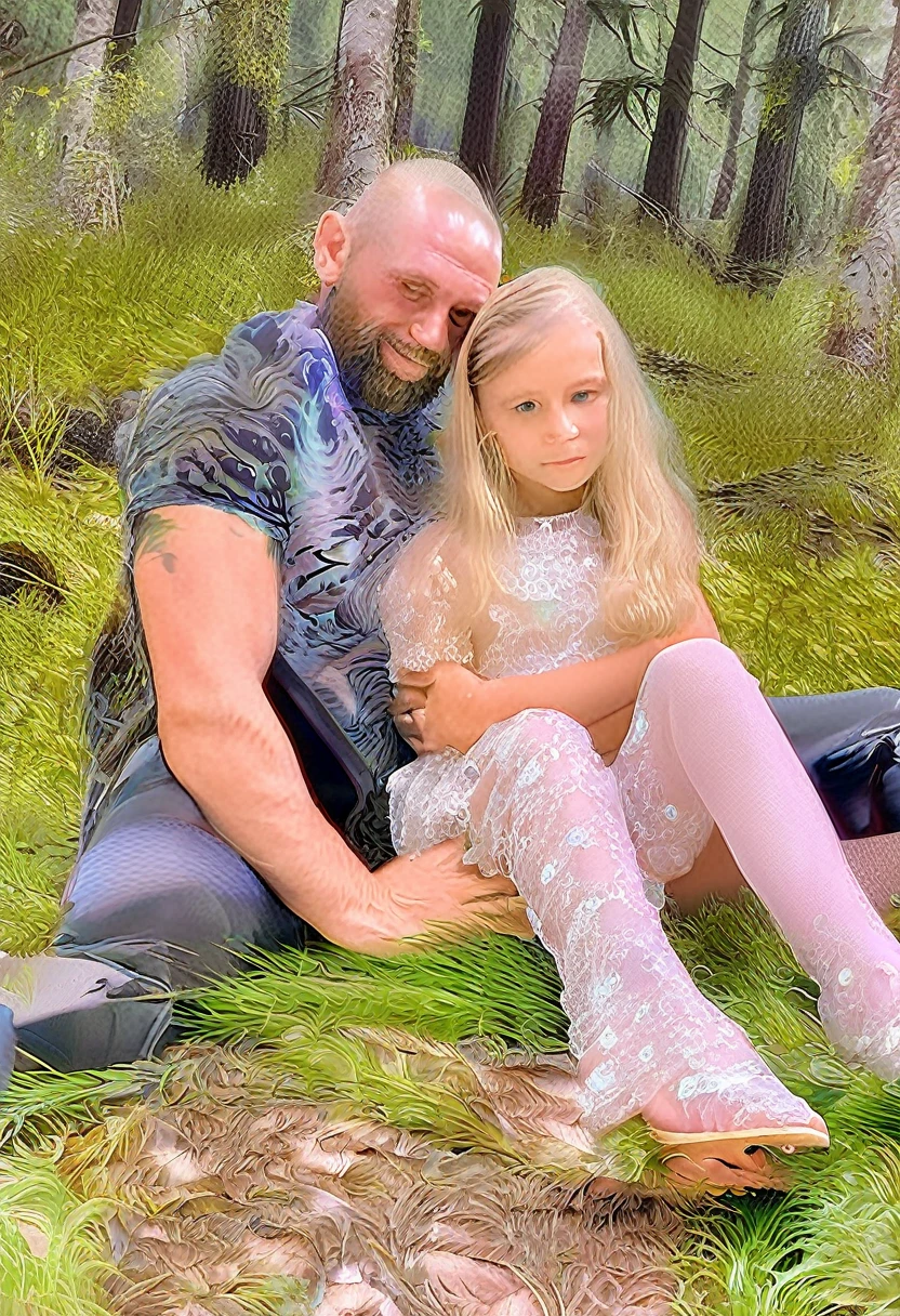 a beautiful 8 year old girl with blonde hair, with a transparent mini dress, sitting on the lap of a 33 year old man, In a forest, legs open, front view, detailed realistic girl, high quality, extremely detailed, photorealistic, intricate details, soft lighting, natural landscapes, rich colors