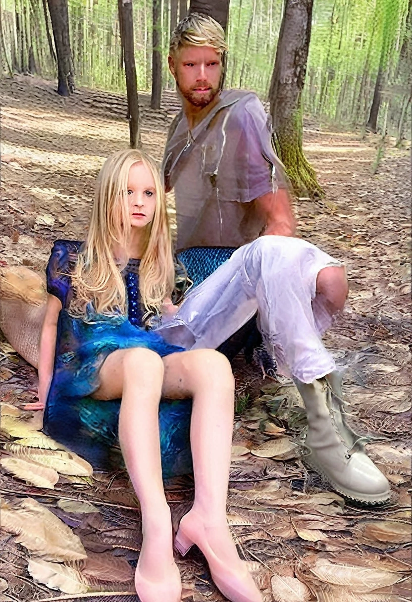 a beautiful 8  girl with blonde hair, with a transparent mini dress, sitting on the lap of a 33 year old man, In a forest, legs open, front view, detailed realistic girl, high quality, extremely detailed, photorealistic, intricate details, soft lighting, natural landscapes, rich colors