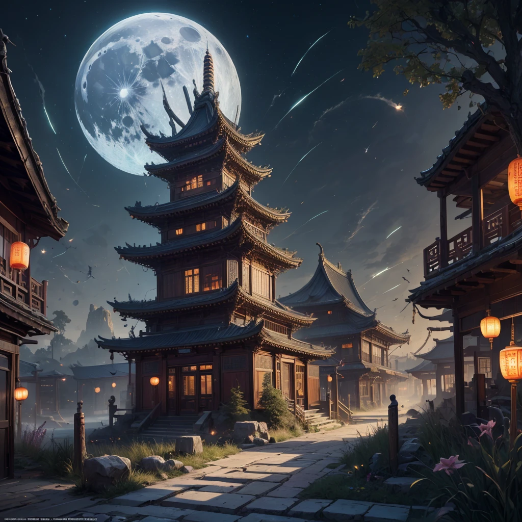 official art, Ancient China, Ancient streets, (Lots of fireflies), (night), (moon), world, Beautiful landscapes, epic landscapes, Realistic world, masterpiece, high quality, beautiful graphics, high detail , global illumination, Рендеринг на Unreal Engine, Octane rendering, (HDR: 1.3)