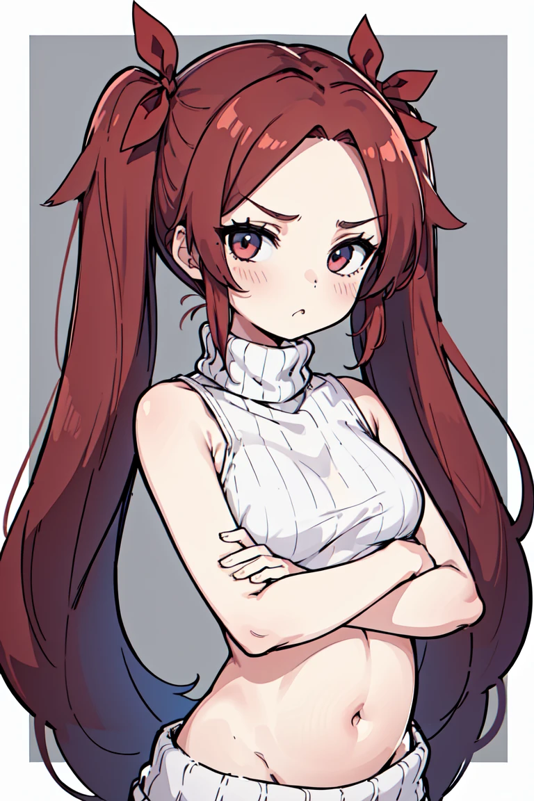 1girl, tsundere, small breasts, ((huge belly)), (red hair:1.2, twintails, very long hair, open forehead)), black hair ribbons, (sweater, turtleneck sweater, backless sweater, sleeveless, bottomless), standing, (crossed arms), :< expression, pouting, inexpressive, neutral, sfw, ((white background)), anatomically correct, best quality, award winning, highres, 16k, 1080P, HD, masterpiece, accurate, border, outside border, 