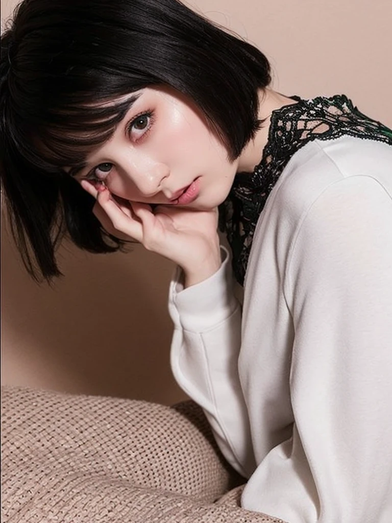 Pale teenage girl with silky black hair and bangs above her eyebrows, with small pink lips and a potato nose and very light green eyes, taking a photo looking at the camera with a white sweatshirt and black outline and good quality