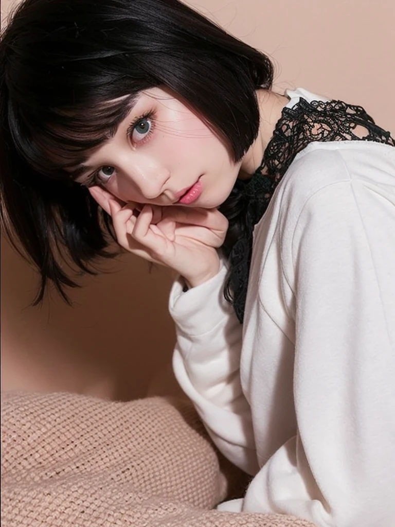 Pale teenage girl with silky black hair and bangs above her eyebrows, with small pink lips and a potato nose and very light green eyes, taking a photo looking at the camera with a white sweatshirt and black outline and good quality