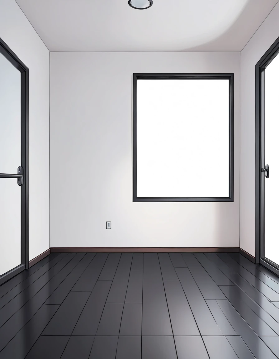 Empty Living Room, White wall, Black Floors, Simple, Cartoon Styles, Simple Cartoon Style.