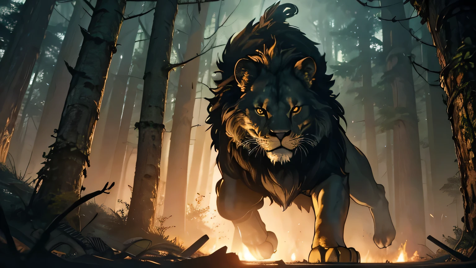 battle epic scene LION IN THE DARK bright yellow eyes, attacking with its claws a human into the air with violence, hyper-realistic forest, gloomy and mysterious, cinematic lighting, intricate details, 8k, high quality, photorealistic, dramatic, powerful, epic battle scene
