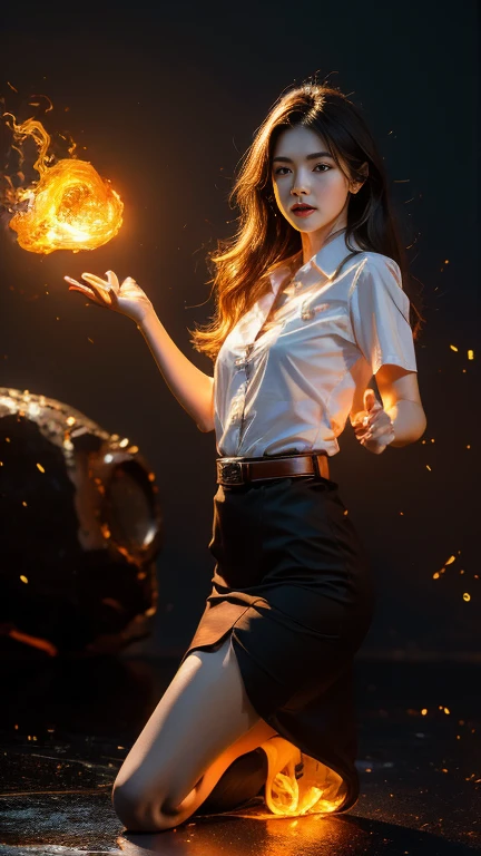 (fire element:1.1), medium long shot, It consists of fire element,fire,transparency,burning,(molten rock),Frame print,burning hair,smoke,cloud,chopped, girl engulfed in flames, Flames fly and sparks scatter,mano burning,translucent luminescence, 18s woman in thai university uniform, long straight fire hair, white shirt, black tight mini skirt, brown belt, white sneakers, masterpiece:1.2, high detail, realistic, cinematic scene, fire goddess, perfect figure, 16k, close up, portrait photo, dynamic powerful pose