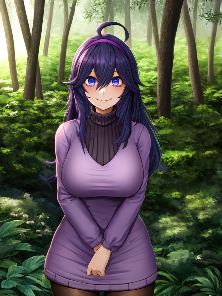 ((best quality)), ((highly detailed)), masterpiece, absurdres, (detailed eyes, deep eyes), (1girl), cowboy shot, Hex_Maniac_Pokemon, black hair, long messy hair, ahoge, purple headband, dark blue eyes, @_@, large breasts, smiling, purple, long sleeved turtleneck sweater dress, pantyhose, (at a pine_tree forest, morning)