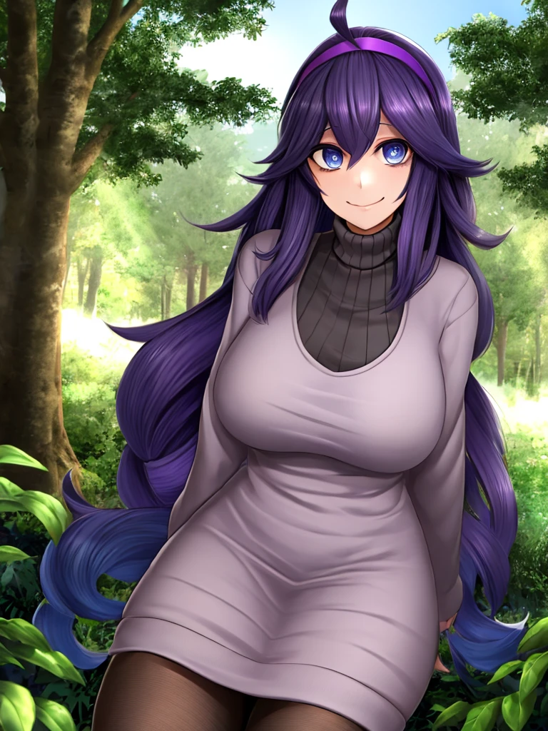 ((best quality)), ((highly detailed)), masterpiece, absurdres, (detailed eyes, deep eyes), (1girl), cowboy shot, Hex_Maniac_Pokemon, black hair, long messy hair, ahoge, purple headband, dark blue eyes, @_@, large breasts, smiling, purple, long sleeved turtleneck sweater dress, pantyhose, (at a pine_tree forest, morning)