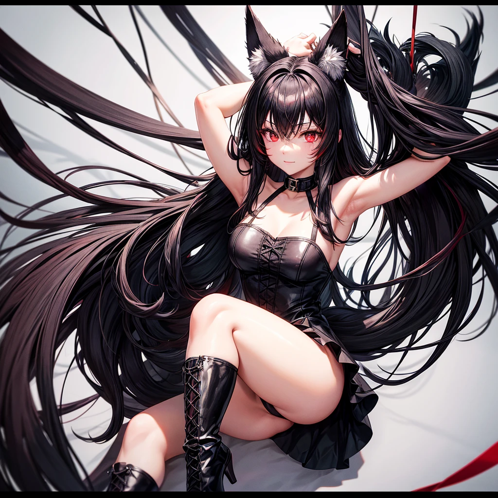 Hybrid black fox woman, wears short maid outfit showing her panties, wear black boots, has long messy shaggy blonde hair, has dark red eyes, has black fox ears and black fox tail, black backdrop.
