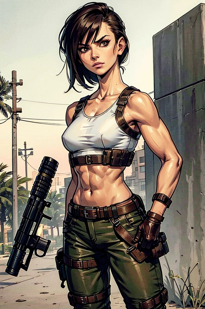 a military woman, well trained body, Toned body, medium breasts, big hip, small waist, looking at the viewer in a threatening manner, white sleeveless t-shirt, Exposed collarbone, beige leather shelter, blue pants, two leather belts with gun pockets, dark brown hair, carving, Brown eyes, hazel left eye, left eye with a scar, at daytime, playa, palm trees around, In a post-apocalyptic environment, post - apocalyptic cowgirl, Post - Apocalyptic style, Post apocalyptic clothing, pose, post-apocalyptic, Postapocalyptic style, post apocalyptic grunge, Post - Apocalyptic Scavenger. (Ultra quality) 8k quality, detailed, perfect light, perfect angle, perfect sharpness.