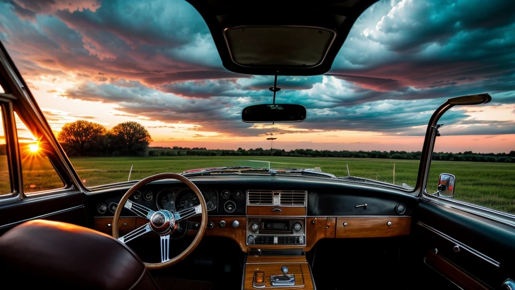 Inside a old school car with a sunset and nice clouds out of the windsheild