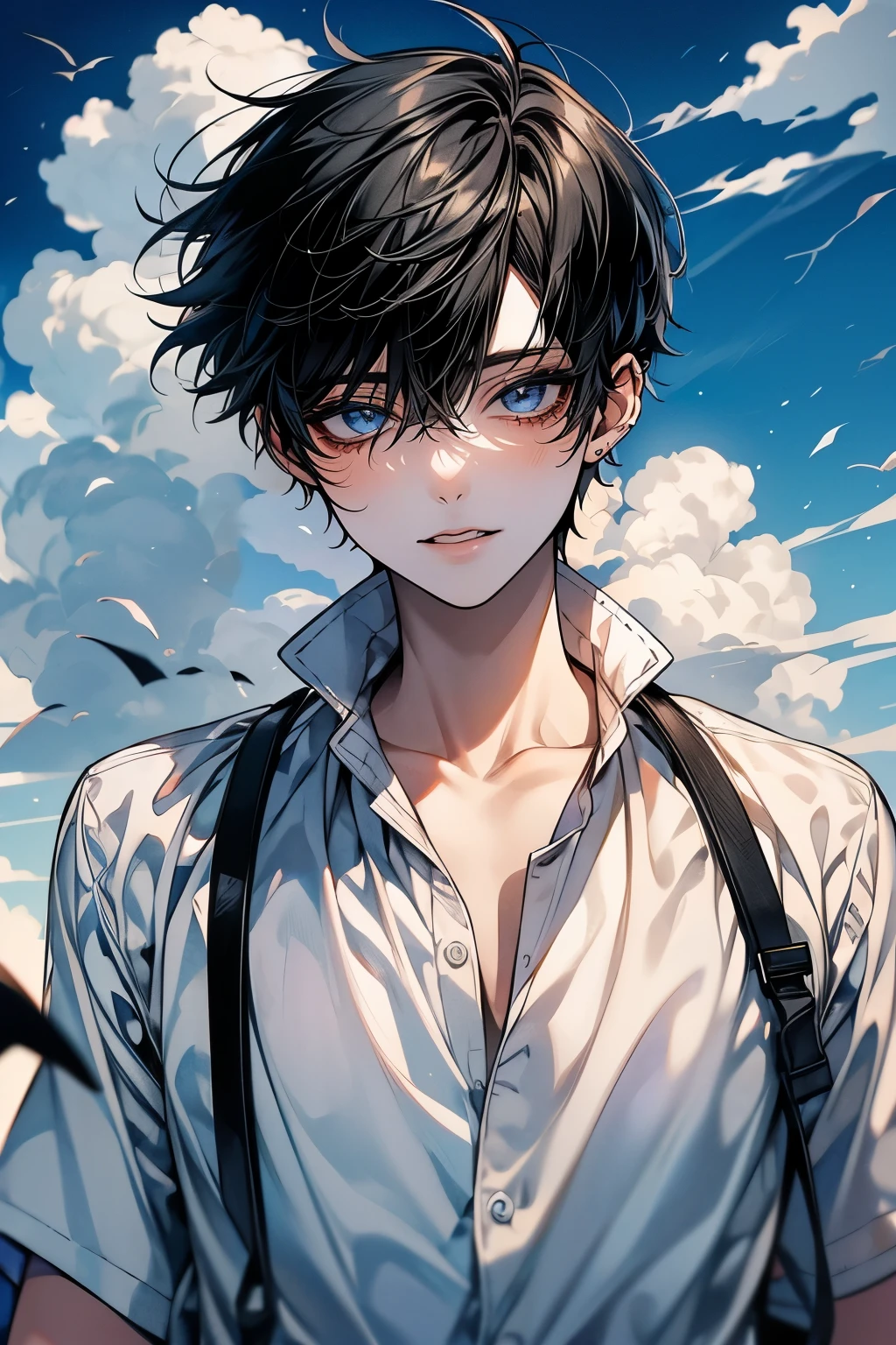 (Mastepiece), (Best Quality), Very detailed, (1 boy:1.5),Shooting from below、Solo Shooting,Perfect Face, Beautiful Face, Very detailed顔,(Black Hair:1.3),(short hair:1.3)、(Happy Face:1.4),(Laughing with your mouth open:1.3),(White shirt:1.4)、(Hair blowing in the wind:1.4),The atmosphere that seems to disappear,(blue sky_cumulonimbus)、summer、ephemeral、Sweat