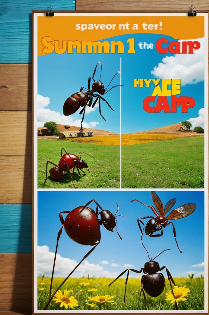 Create A4 size poster for a summer camp in that poster there is one important thing should be included which is 2 ant 1 in the right top corner and second ant should be in the left bottom corner
