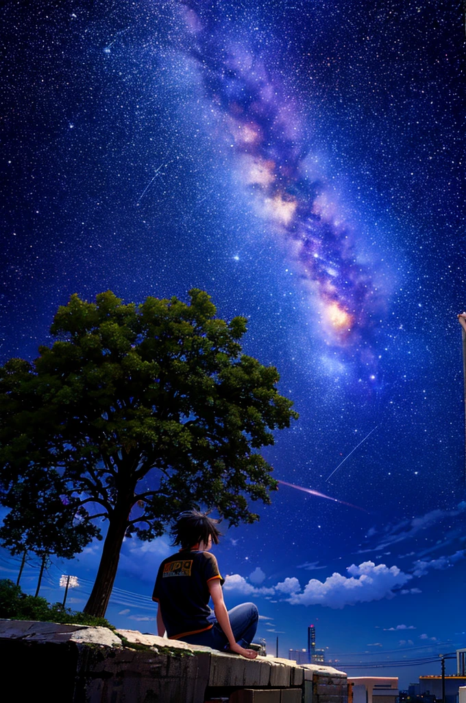 com a câmera
octane, sky, star (sky), scenery, starry sky, night, Goku, night sky, alone, outdoors, building, cloud, milky way, sitting, tree, long hair, city, silhouette, cityscape