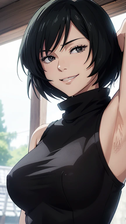 Mai, Portrait, masterpiece, 8k, ultra high quality, ultra realistic, ultra high definition, anime art, smiling, cute, seductive, armpits visible, detailed armpits, turtleneck, black croptop