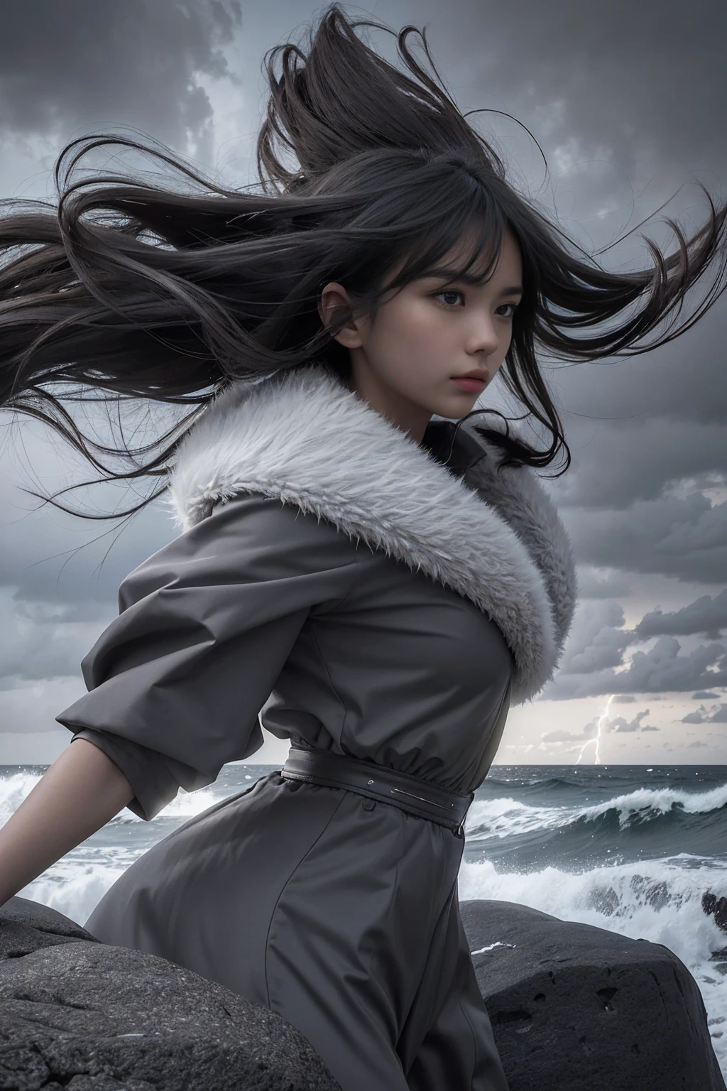 A captivating cinematic photograph of a fearless young woman standing defiantly on a rocky cliff during a fierce storm. Her hair and garments are whipped by the fierce wind, while her eyes are locked onto the tempestuous sky. The centerpiece of the image is a radiant golden heart visible through her clothing, representing her unwavering determination and inner strength. In her grasp, she holds an exquisite crystalline shield, which emanates a soft glow, deflecting the wrathful waves and lightning. The dramatic, monochromatic palette of the sky enhances the intensity of the scene, creating an awe-inspiring visual representation of protecting one's feelings and emotions.