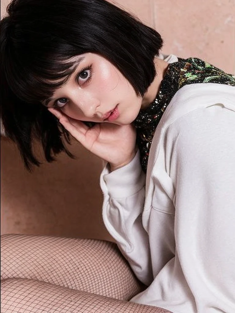 Pale teenage girl with silky black hair and bangs above her eyebrows, with small pink lips and a potato nose and light green eyes, taking a photo looking at the camera with a white sweatshirt and good quality