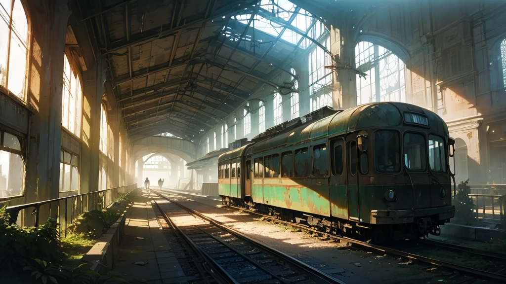 realistic detailed futuristic abandoned train station interior, high ceiling glass walls, overgrown plants, decaying benches, long check-in counters, rays of light, cinematic lighting, moody atmosphere, dramatic perspective, volumetric fog, intricate architecture, weathered materials, sense of decay, photorealistic