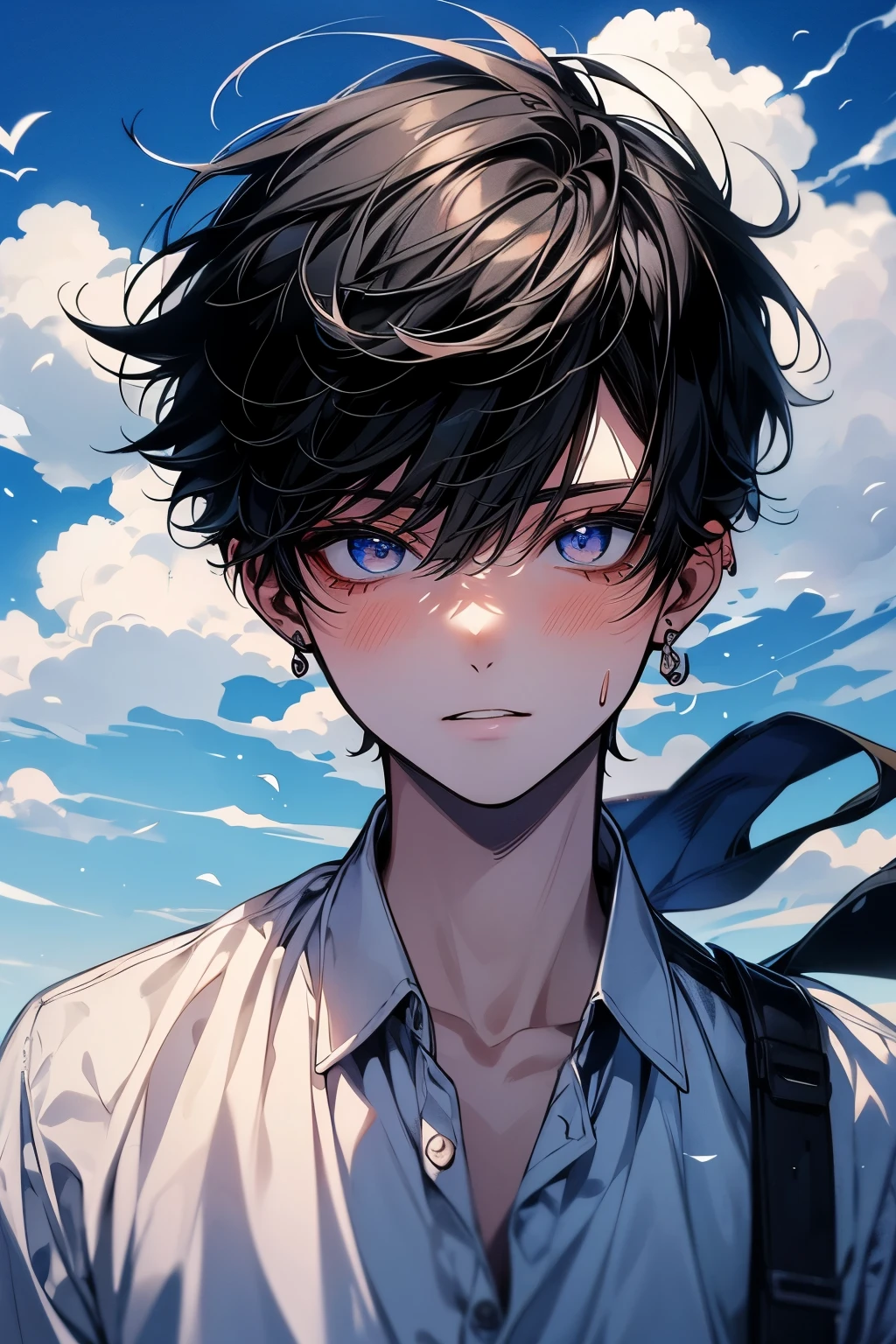 (Mastepiece), (Best Quality), Very detailed, (1 boy:1.5),Shooting from below、Solo Shooting,Perfect Face, Beautiful Face, Very detailed顔,(Black Hair:1.3),(short hair:1.3)、(Happy Face:1.4),(Laughing with your mouth open:1.3),(White shirt:1.4)、(Hair blowing in the wind:1.4),The atmosphere that seems to disappear,(blue sky_cumulonimbus)、summer、ephemeral、Sweat