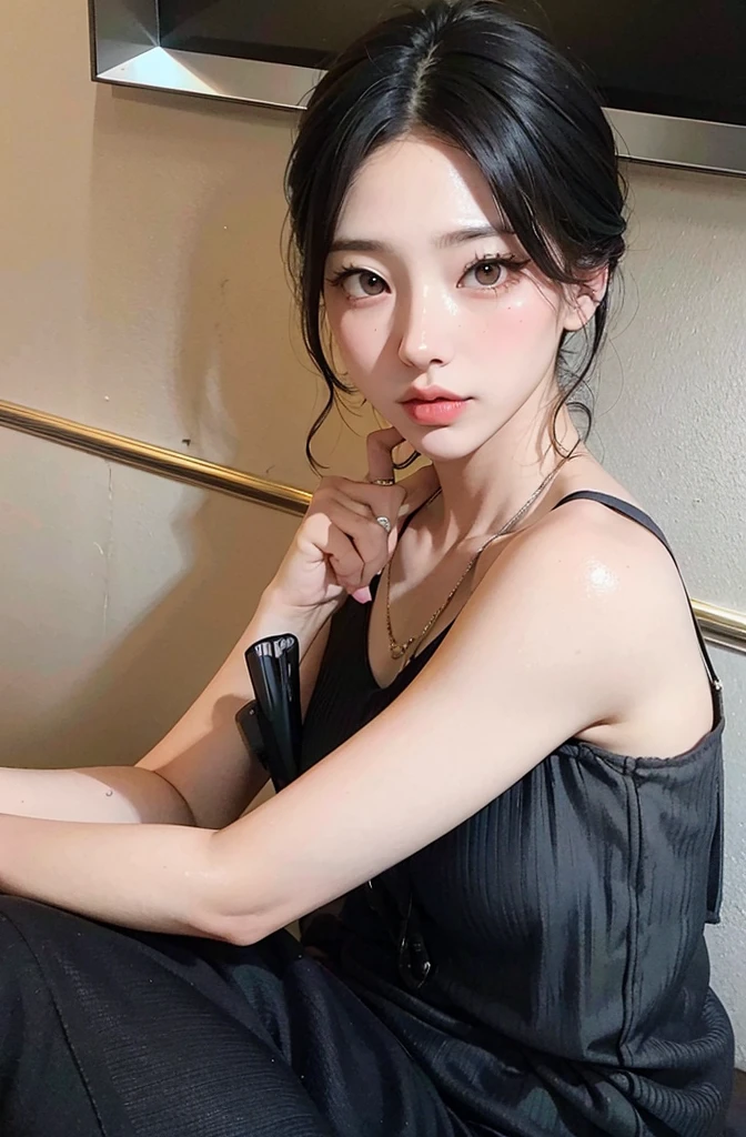 (8k、Highest quality、masterpiece、Ultra-high resolution、High resolution face:1.3)、Portrait、(20-year-old girl:1.3)、Bokeh Depth of Field、between、Ultra-detailed、Ultra-high resolution、(Realistic、Realistic photos:1.37)、High-resolution RAW color photos、Professional photography、hVery detailed and beautiful、Very detailed、8k画像壁紙、Incredibly detailed、Large file size、Official Art、Very detailed CG Unity 8k wallpapers、hVery detailed beautiful girl、Very detailed顔、Very detailed目、Very detailed皮膚、Very detailed指、hVery detailed nose、Very detailed詳細な口、Perfect Anatomy、HVery detailed clothing、1 girl、(18:1.2)、Teen、cute、cute、Realistic body、、White skin、Glowing Skin、The body is slim、Handsome body、Brown haired、(Blunt bangs:1.2)、Classic wavy long hair、 (Hmph:1.3),cute、cute faces、Looking up、Delicate eyes、Source Order、A shirt with lots of lace、Black clothes、Skirt、Looking into the camera、Tsundere、Twin tails、rabbit makeup、Don't laugh、Sad face、Looking up、indoor、Little watery eyes、