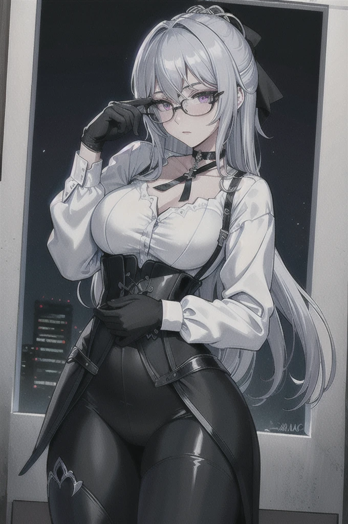 Masterpiece, Beautiful art, professional artist, 8k, art style by sciamano240, rostro de Bronya Zaychik, detailed body, Very detailed face, very detailed eyes, Detailed clothing, detailed fabric, Best Quality, better resolution, 1 girl, front view, standing, big breasts, serious expression, at night , silver hair, glasses, choker:1.6, (long sleeve white collar buttoned shirt), (shiny black corset), black gloves covering your hands, (shiny black leggings), looking at the viewer, elegant room, at night