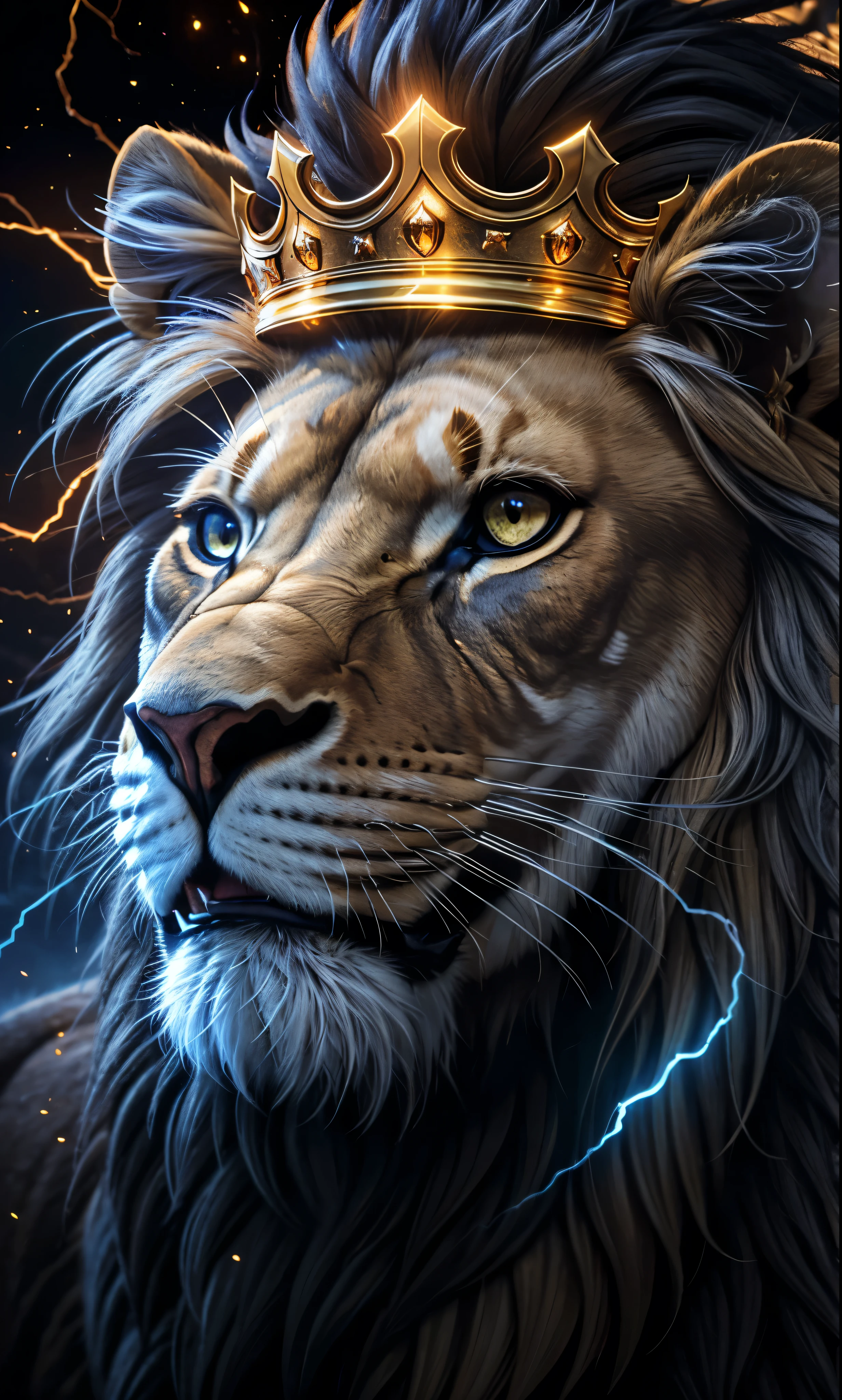 Lion, Divine Lion, naturals, naturals, ferocious, masculine, mighty, golden lion, King crown, King, golden crown, Realistic crown, Powerful Lion, Beautiful nature, Great Realistic Lion, FullHD 8K, Sky ligh, Sunset Night, Ligh Sky Sun, Balck Golden, gold color, Divine gold, Golden Light, black andwhite, black and gold, detailed realistic face, 8K Detailed Realistic White Lion, Ultrarealistic 8k |, Energia de thunder realista detalhada, Strong Creature realista detalhada, Strong Creature, Lion macho, Rendering, Fotorrealista 8K, UltraHD Alta definição 8K, Detailed Realistic 16K, Nitidez Fotorrealista 8K, 16K photorealistic textures, Contraste Fotorrealista 8K, Sombras Fotorrealistas 8K, Luzes Fotorrealistas 8K, Detailed realistic sunset, Detailed Realistic Lion Face, Detailed realistic light, detailed textures, thunder, detailed shadows, detailed colors, Celestial Electricity, Golden thunder, Lion realista, Ultra Realistic 16K, Realistic 16K, Realistic 16K sharpness, 16K photorealistic textures, 16K realistic colors, powerful creature, Majestic power, Power of Heaven, Great Divine, detailed contrast, realistic contrast, high resolution, detailed colors, fire, villany, divine creature, 8K, realistic detailed, 16K, 8K, High definition, detailed contrast, realistic contrast, high resolution, detailed colors, fire, villany, divine creature, realistic detailed, posh, chic