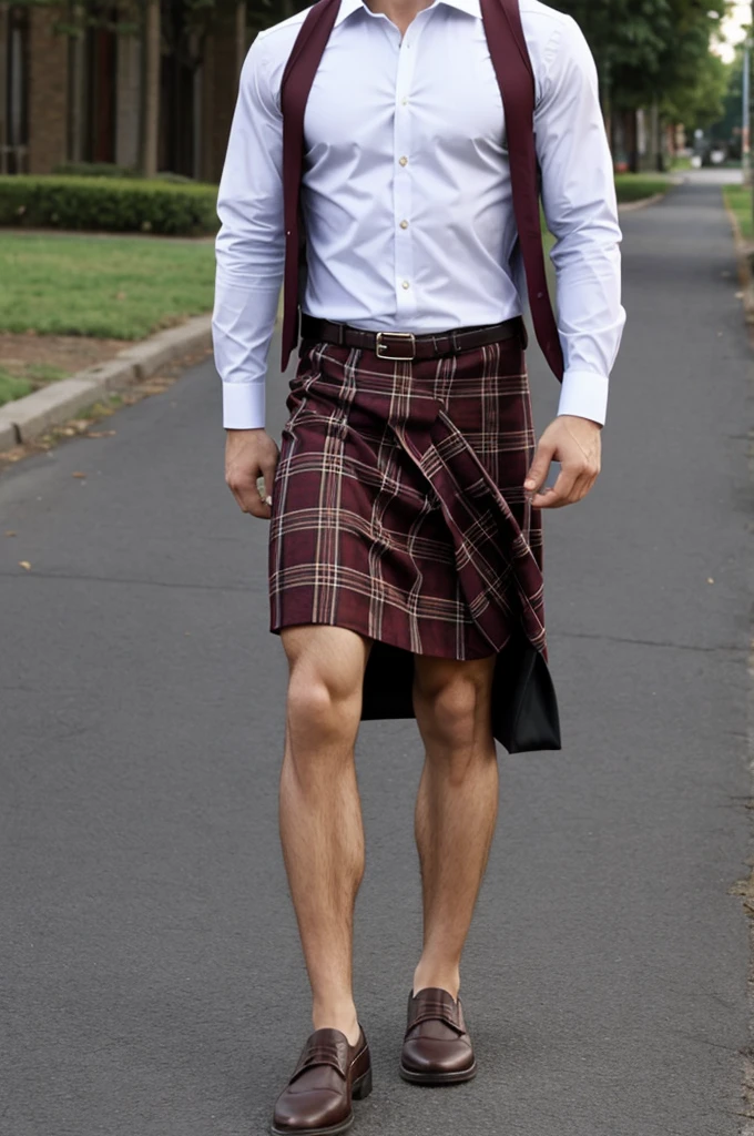 Handsome guy wearing plaid skirt
