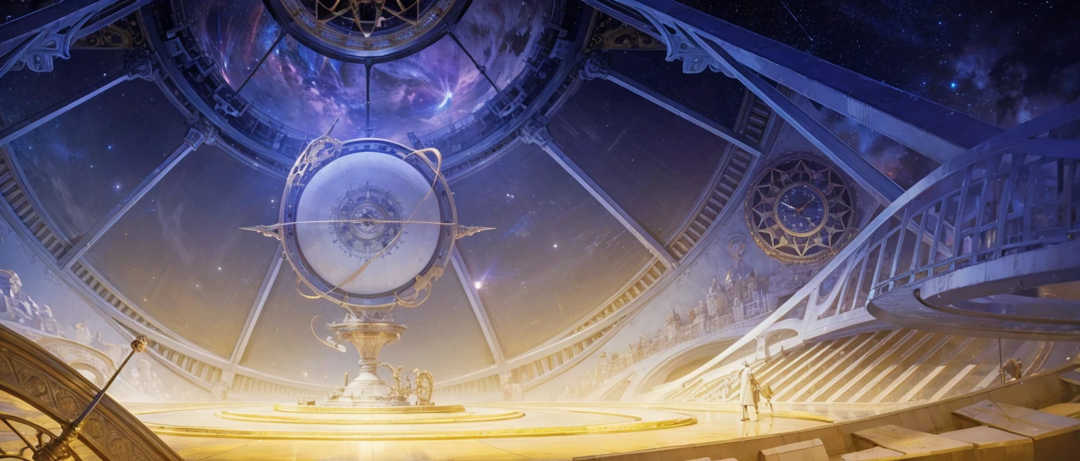 There is a clock on the ceiling of a building., Infinite Space Clock Background, Infinite Celestial Library, Alchemist's Library Background, background technologywork, Animation New Art Universe Display, Intricate sparkling atmosphere, background technology, Concept Art magical highlight, Kingdom of Light Background, Arena Background, anime background technology, astral background, Gorgeous border + Concept Art, Star Clocks