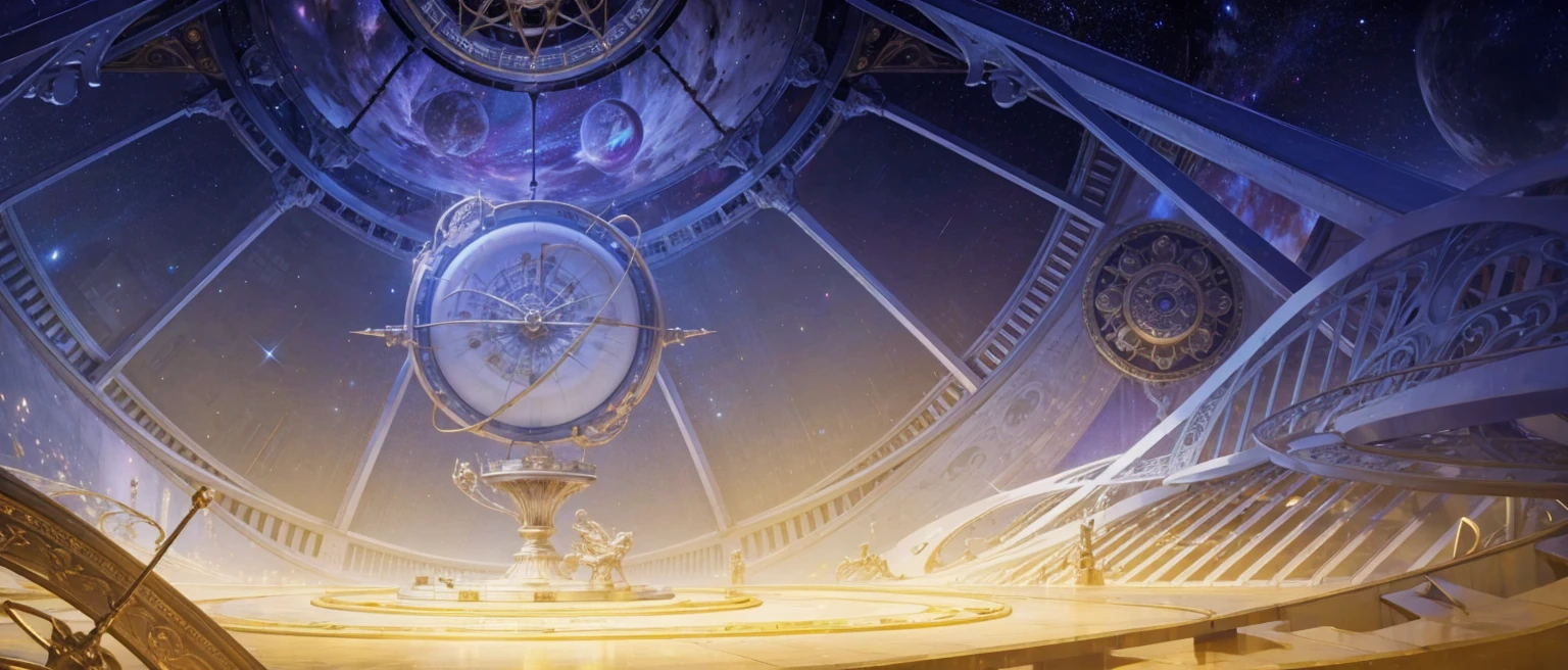 There is a clock on the ceiling of a building., Infinite Space Clock Background, Infinite Celestial Library, Alchemist's Library Background, background technologywork, Animation New Art Universe Display, Intricate sparkling atmosphere, background technology, Concept Art magical highlight, Kingdom of Light Background, Arena Background, anime background technology, astral background, Gorgeous border + Concept Art, Star Clocks